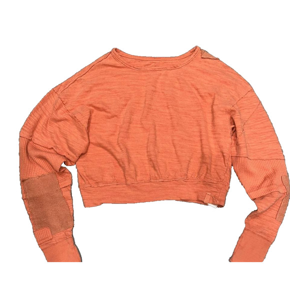 Free People 5 star tee Y2K patches preppy crew sweater brick Orange XS A004908 - Picture 3 of 11
